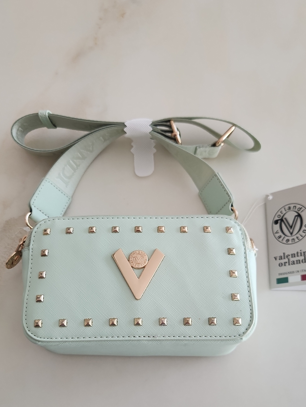 Valentino Orlandi Mint Green Crossbody Bag with Gold Studs